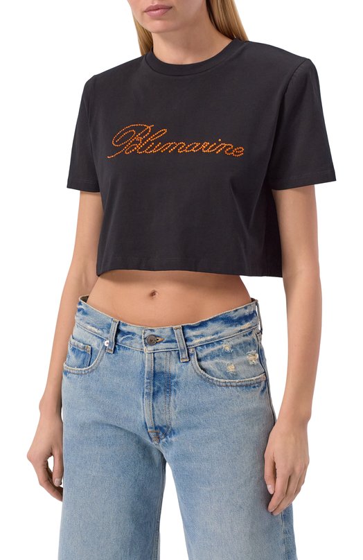 Хлопковая футболка с отделкой стразами Blumarine 2T133A Чёрный  2T133A Фото 3