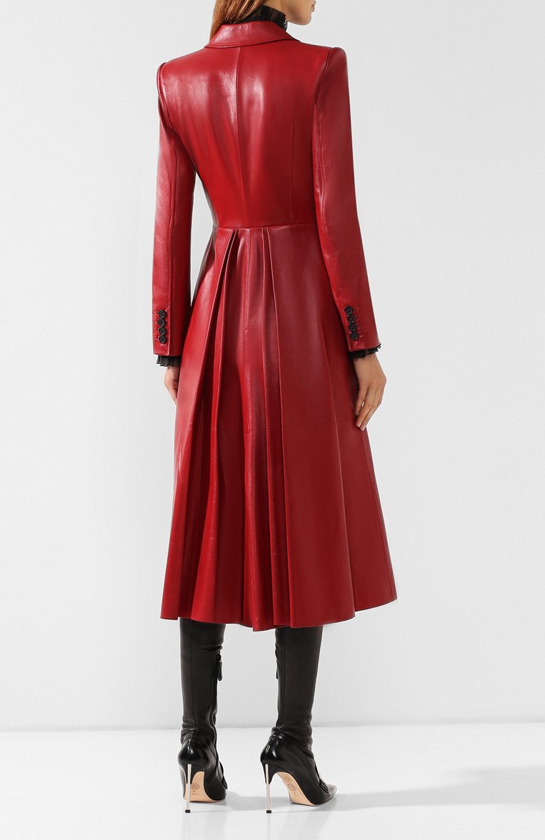 Женское кожаное пальто ALEXANDER MCQUEEN красного цвета, арт. 585005/Q5AA0 | Фото 4 (Рукава: Длинные; Материал подклада: Шелк; Женское Кросс-КТ: Замша и кожа; Длина (верхняя одежда): Длинные; Статус проверки: Пров�ерена категория; 1-2-бортные: Двубортные; Материал внешний: Натуральная кожа; Ювелирные украшения: Назначено)