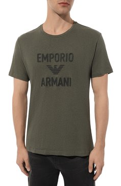 Мужская хлопковая футболка EMPORIO ARMANI хаки цвета, арт. 211818/4R485 | Фото 3 (Рукава: Короткие; Длина (для топов): Стандартные; Принт: С принтом; Материал сплава: Проставлено; Стили: Милитари; Материал внешний: Хлопок, Лен; Драгоценные камни: Проставлено)