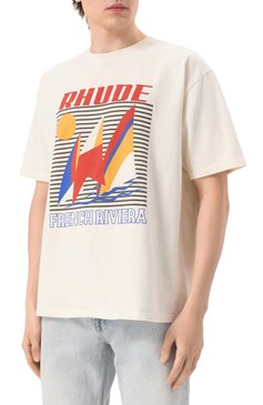 Мужская хлопковая футболка RHUDE кремового цвета, арт. RHPS25TT10012 | Фото 3 (Материал сплава: Проставлено; Длина (для топов): Стандартные; Рукава: Короткие; Драгоценные камни: Проставлено; Принт: С принтом; Стили: Кэжуэл; Материал внешний: Хлопок; Кросс-КТ: Джерси; Мужское Кросс-КТ: Футболка-одежда)