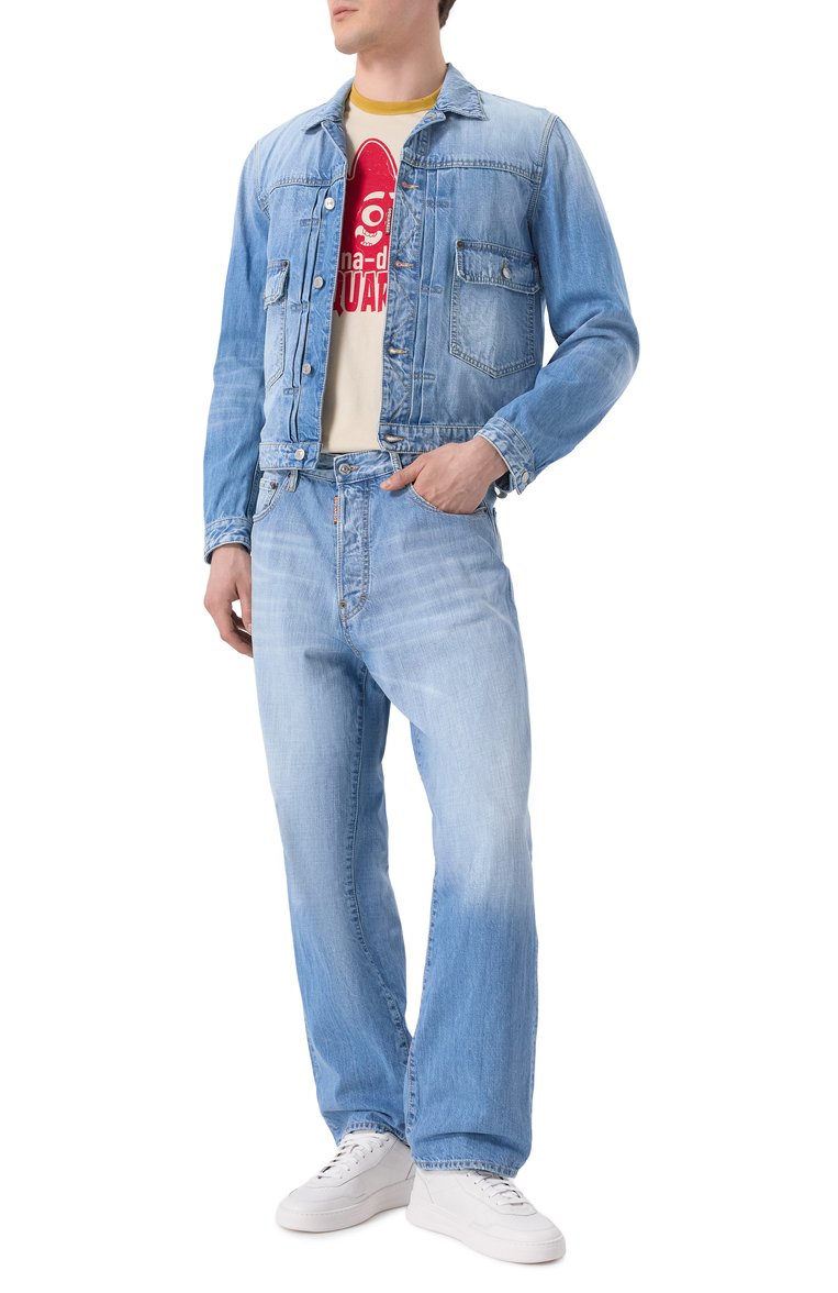 Мужская джинсовая куртка DSQUARED2 синего цвета, арт. S71AN0607/S30309 | Фото 2 (Длина (верхняя одежда): Короткие; Материал внешний: Хлопок, Деним; Рукава: Длинные; Кросс-КТ: Деним, Легкие; Стили: Кэжуэл)