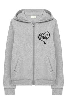 Детский хлопковый кардиган на молнии с капюшоном FENDI серого цвета, арт. JFH061/A4RA/10A-12A | Фото 1 (Рукава: Длинные; Материал внешний: Хлопок; Девочки Кросс-КТ: Кардиган-одежда; Драгоценные камни: Проставлено; Материал сплава: Проставлено)