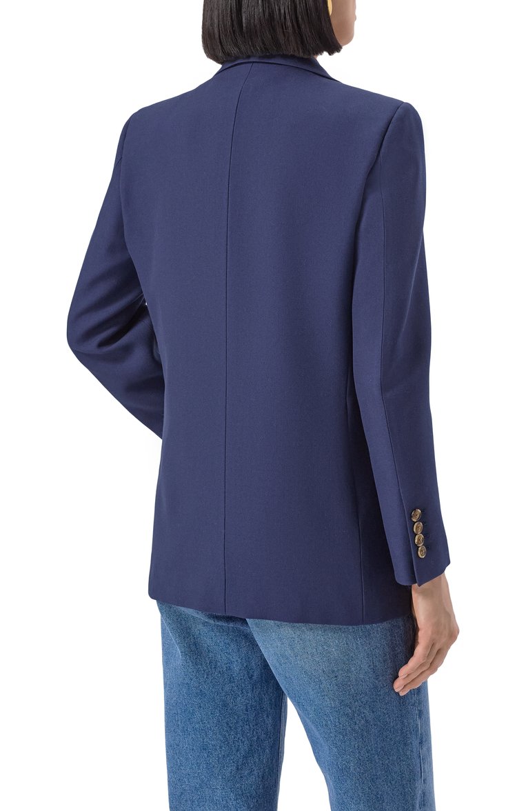 Женский шерстяной жакет VALENTINO синего цвета, арт. 6B3CE40090T | Фото 4 (Длина (для топов): Стандартные; Материал внешний: Шерсть; Рукава: Длинные; Женское Кросс-КТ: Жакет-одежда; 1-2-бортные: Двубо�ртные; Кросс-КТ: костюм; Стили: Классический; Автоматизация состава: Проставлено; Автоматизация ТО: Проставлено)