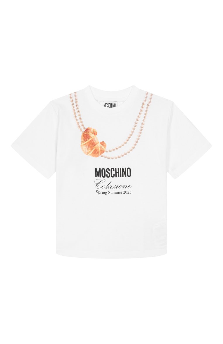 Детская хлопковая футболка MOSCHINO белого цвета, арт. HIM060/LAA02/4-8 | Фото 1 (Материал внешний: Хлопок; Рукава: Короткие; Девочки Кросс-КТ: футболка-одежда; Автоматизация состава: Проставлено; Автоматизация ТО: Проставлено; Ростовка одежда: 4 года | 104 см, 6 лет | 116 см, 8 лет | 128 см, 5 лет | 110 см)