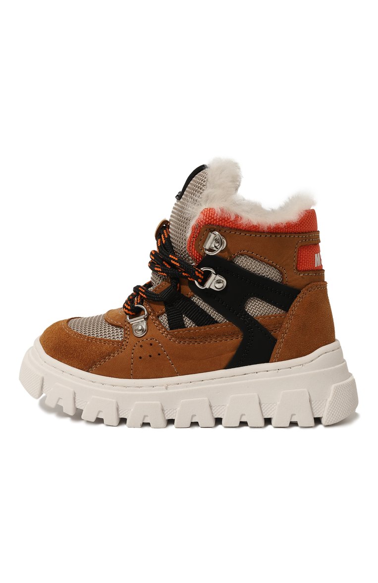 Детские утепленные ботинки MSGM KIDS коричневого цвета, арт. 78901/20-27 | Фото 2 (Материал внешний: Текстиль, Натуральная кожа; Нос: Не проставлено; Материал утеплителя: Натуральный мех; Кросс-КТ: хайкеры; Мальчики Кросс-КТ: Обувь-зимняя)
