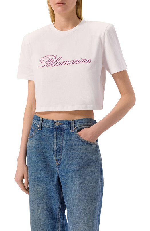 Хлопковая футболка с отделкой стразами Blumarine 2T133A Белый  2T133A Фото 3