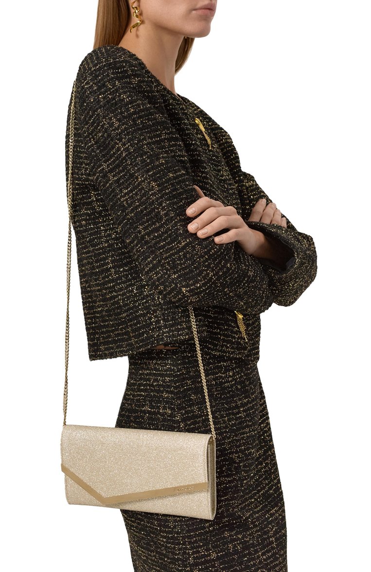 Женский клатч emmie JIMMY CHOO золотого цвета, арт. EMMIE | Фото 2 (Материал сплава: Проставлено; Драгоценные камни: Проставлено; Размер: small; Ремень/цепочка: На ремешке; Материал: Текстиль; Женское Кросс-КТ: Клатч-клатчи, Вечерняя сумка)