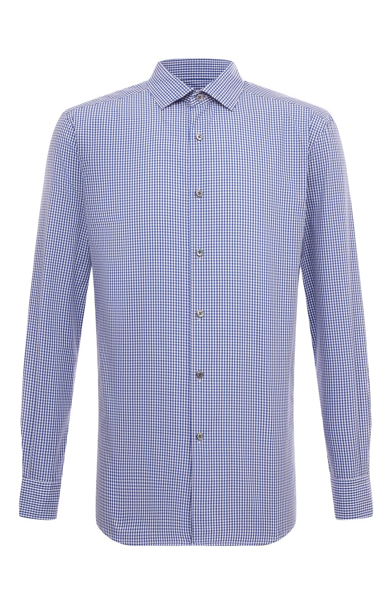Мужская хлопковая рубашка ZEGNA синего цвета, арт. UDX01A7/SRF5 | Фото 1 (Длина (для топов): Стандартные; Материал внешний: Хло�пок; Рукава: Длинные; Воротник: Кент; Принт: Клетка; Случай: Повседневный; Манжеты: На пуговицах; Стили: Кэжуэл)