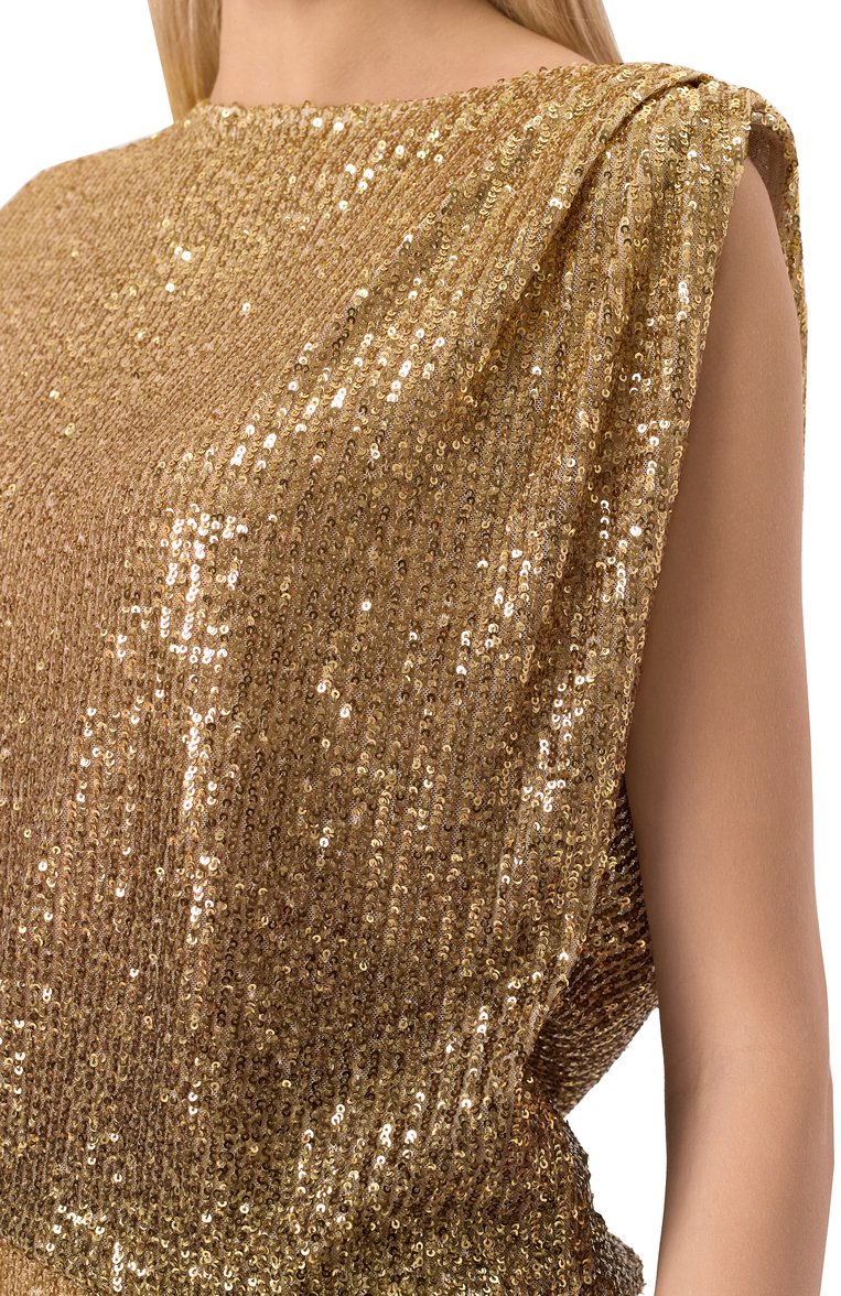 Женский топ с отделкой пайетками IN THE MOOD FOR LOVE золотого цвета, арт. RS2501500013 | Фото 5 (Материал сплава: Проставлено; Драгоценные камни: Проставлено; Длина (для топов): Стандартные; Стили: Гламурный; Кросс-КТ: костюм; Рукава: Без рукавов; Материал внешний: Синтетический материал)