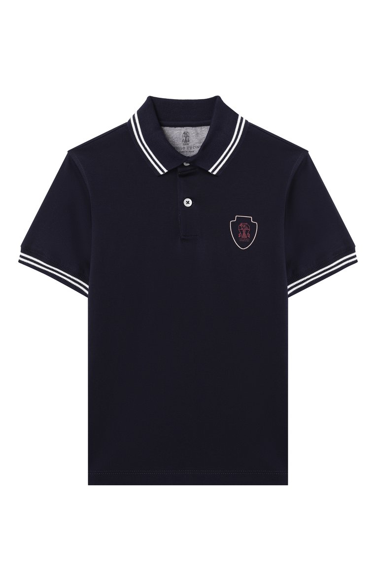 Детское хлопковое поло BRUNELLO CUCINELLI темно-синего цвета, арт. B0B13917TB | Фото 1 (Рукава: Короткие; Материал внешний: Хлопок; Ростовка одежда: 8 лет | 128 см, 12 лет | 152 см)