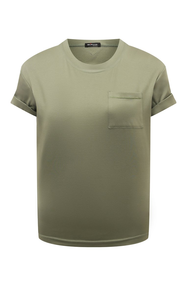 Женская хлопковая футболка KITON зеленого цвета, арт. D55426H08051 | Фото 1 (Материал внешний: Хлопок; Длина (для топов): Стандартные; Рукава: Короткие; Принт: Без принта; Стили: Милитари; Автоматизация ТО: Проставлено; Автоматизация состава: Проставлено)