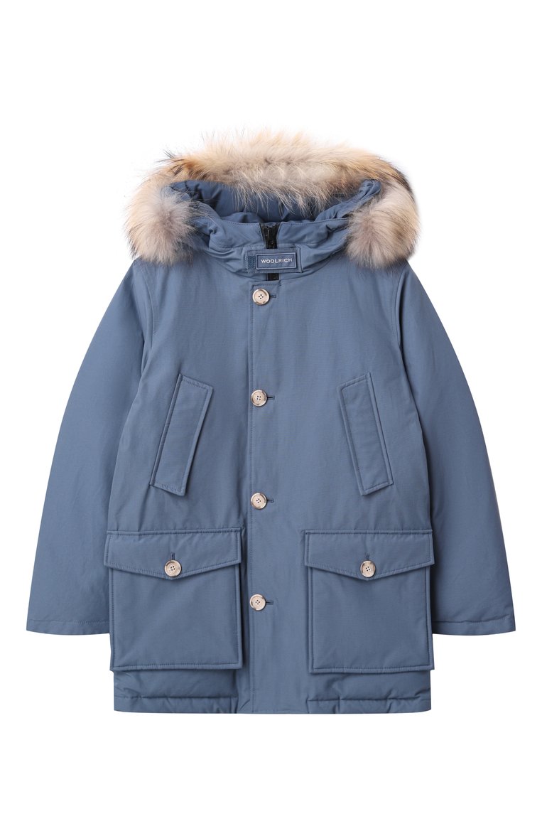 Детского пуховая парка WOOLRICH тёмно-голубого цвета, арт. CFWKOU0187MRUT0641 | Фото 1 (Материал утеплителя: Пух и перо; Рукава: Длинные; Мальчики Кросс-КТ: парка-верхняя одежда; Кросс-КТ: Зима; Материал внешний: Хлопок, Синтетический мат�ериал; Ростовка одежда: 6 лет | 116 см, 8 лет | 128 см, 10 - 11 лет | 140 - 146см, 12 лет | 152 см, 16 лет | 164 см)
