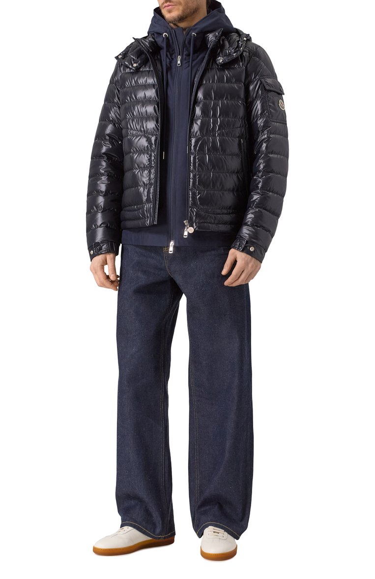 Мужская пуховая куртка lauros MONCLER темно-синего цвета, арт. 1A00020/595ZJ | Фото 2 (Длина (верхняя одежда): Короткие; Материал внешний: Синтетический материал; Материал подклада: Синтетический материал; Рукава: Длинные; Стили: Кэжуэл; Мужское Кросс-КТ: Куртка-пуховая; Материал утеплителя: Пух и перо; Кросс-КТ: Утепленные; Автоматизация ТО: Проставлено; Автоматизация состава: Проставлено)