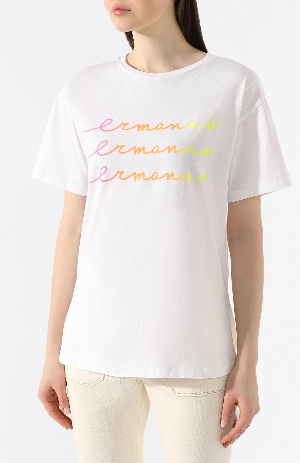 Хлопковая футболка ERMANNO ERMANNO SCERVINO белого цвета по цене 13400 руб., арт. 46T TS27 JC0, фото 3 Хлопковая футболка ERMANNO ERMANNO SCERVINO, арт. 46T TS27 JC0, фото 3