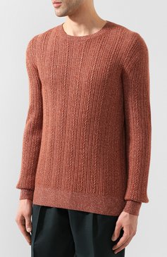Мужской свитер из смеси кашемира и хлопка ZEGNA оранжевого цвета, арт. UUQ95/110 | Фото 3 (Рукава: Длинные; Материал внешний: Шерсть, Хлопок, Кашемир; Принт: Без принта; Длина (для топов): Стандартные; Мужское Кросс-КТ: Свитер-одежда; Драгоценные камни: Проставлено; Материал сплава: Проставлено; Стили: Кэжуэл)