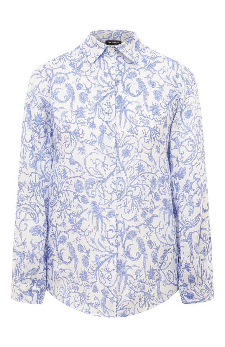 Женская льняная блузка KITON голубого цвета, арт. D53420H08902 | Фото 1 (Рукава: Длинные; Длина (для топов): Стандартные; Материал внешний: Лен; Принт: С принтом; Женское Кросс-КТ: Блуза-одежда; Стили: Кэжуэл)