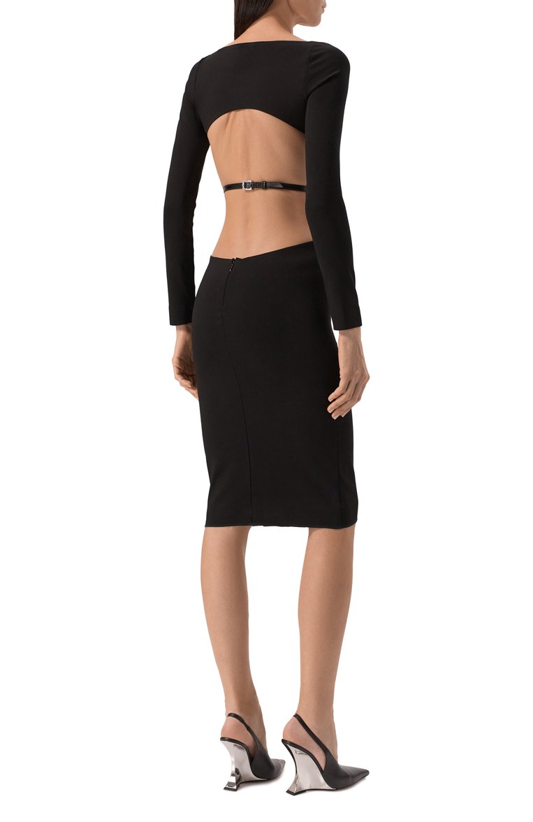 Женское платье из вискозы DSQUARED2 черного цвета, арт. S72CV0174/S23138 | Фото 4 (Материал внешний: Вискоза; Длина Ж (юбки, платья, шорты): Миди; Рукава: Длинные; Стили: Кэжуэл; Женское Кросс-КТ: платье-футляр, Платье-одежда; Случай: Коктейльный)