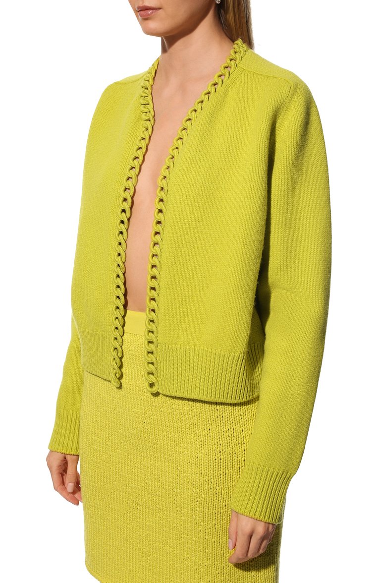 Женский шерстяной кардиган BOTTEGA VENETA салатового цвета, арт. 684465/V1MF0 | Фото 3 (Материал внешний: Шерсть; Рукава: Длинные; Длина (для топов): Стандартные; Стили: Гламурный; Женское Кросс-КТ: кардиган-трикотаж)