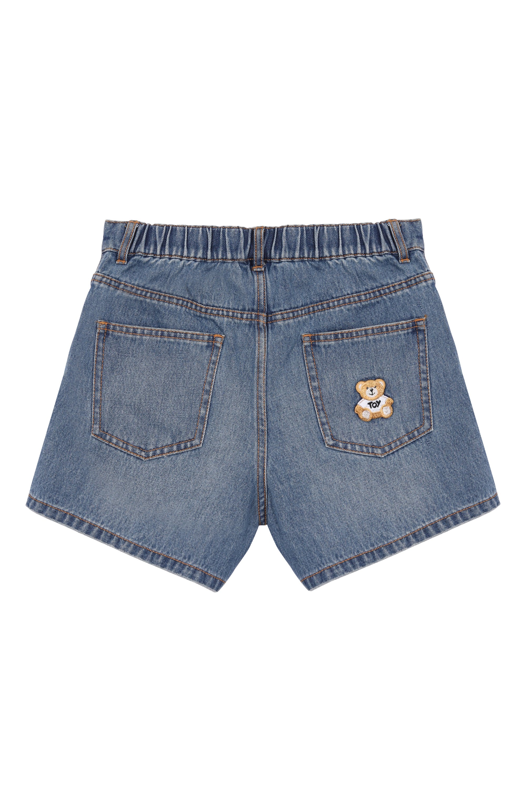 Джинсовые шорты MOSCHINO синего цвета по цене 16450 руб., арт. HDQ010/L0E35/10-14, фото 2 Джинсовые шорты MOSCHINO, арт. HDQ010/L0E35/10-14, фото 2