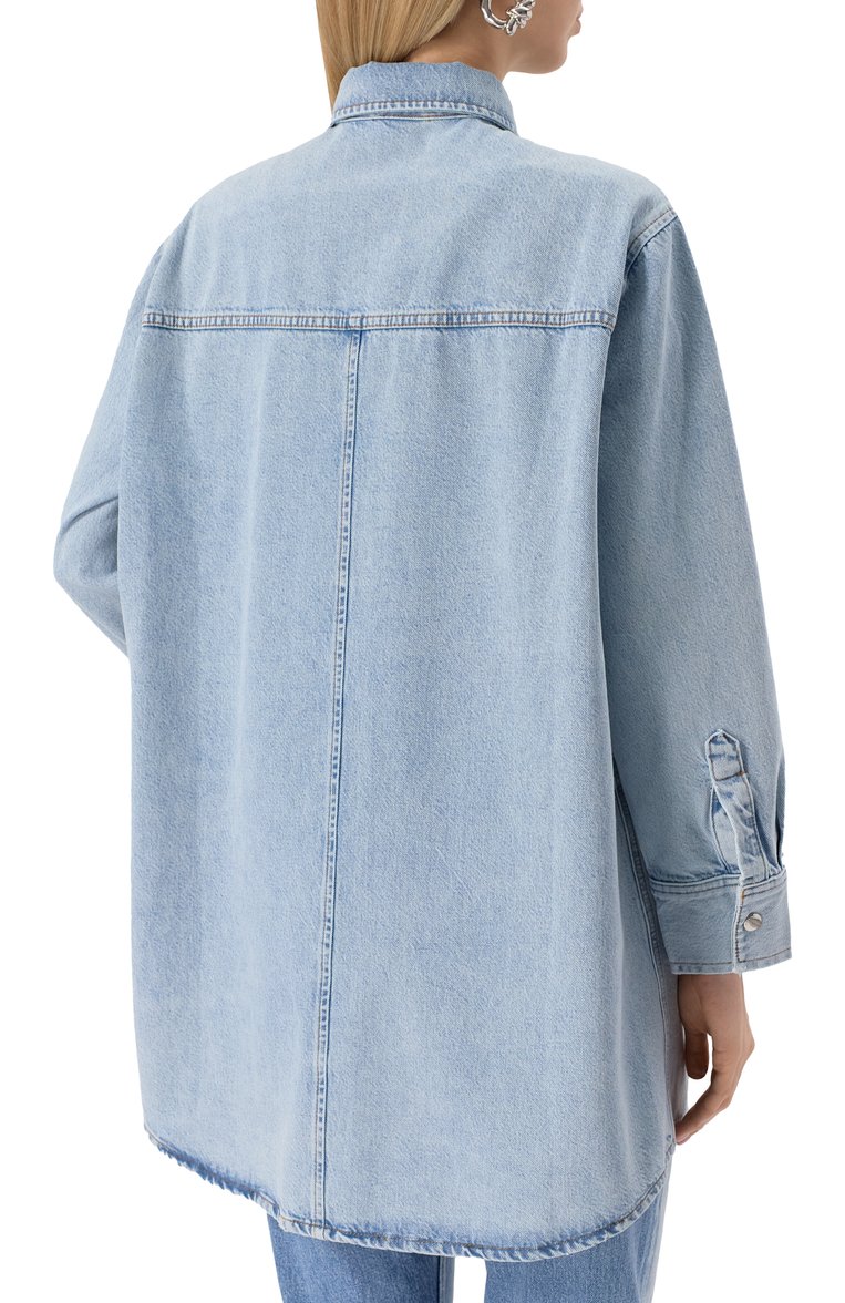 Женская джинсовая рубашка FRAME DENIM голубого цвета, арт. WP25DDR002 | Фото 4 (Рукава: Длинные; Драгоценные камни: Проставлено; Материал сплава: Проставлено; Длина (для топов): Удлиненные; Принт: Без принта; Материал внешний: Деним, Хлопок; Стили: Кэжуэл; Кросс-КТ: Деним; Женское Кросс-КТ: Рубашка-одежда)