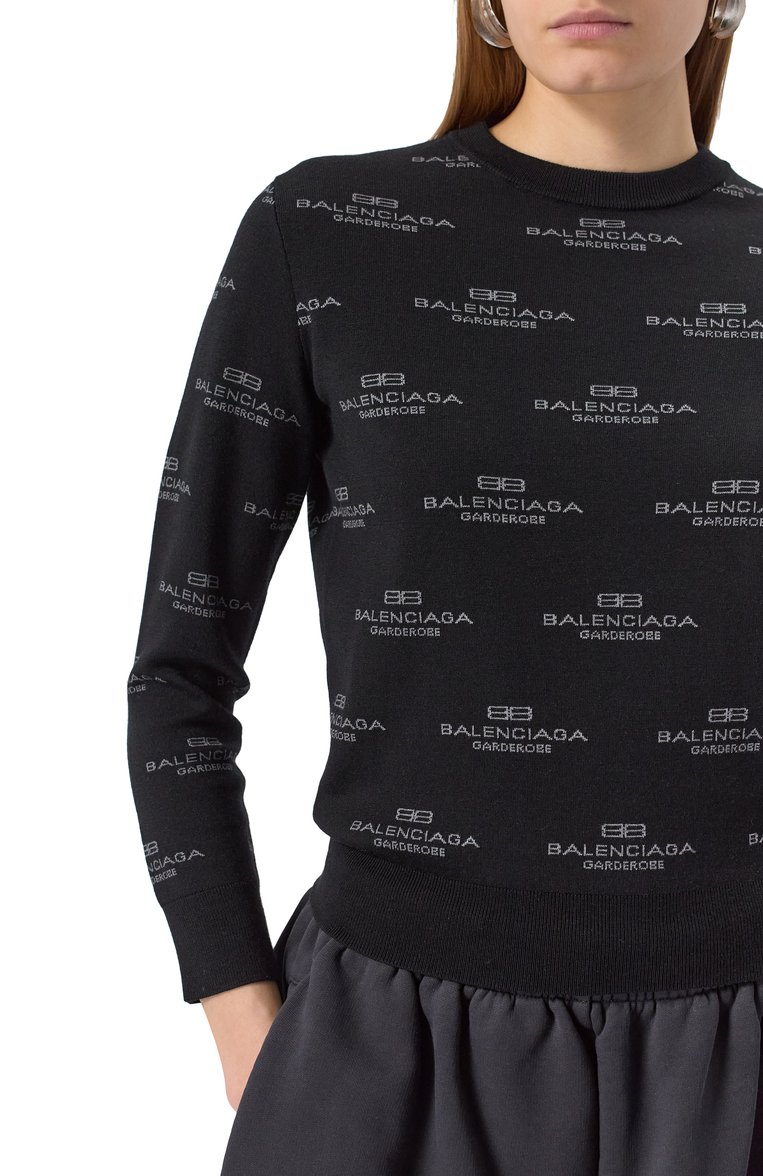 Женский пуловер из шерсти и хлопка BALENCIAGA черного цвета, арт. 812576/T1724 | Фото 5 (Материал внешний: Шерсть, Хлопок; Длина (для топов): Стандартные; Рукава: Длинные; Женское Кросс-КТ: Пуловер-одежда; Стили: Гранж)