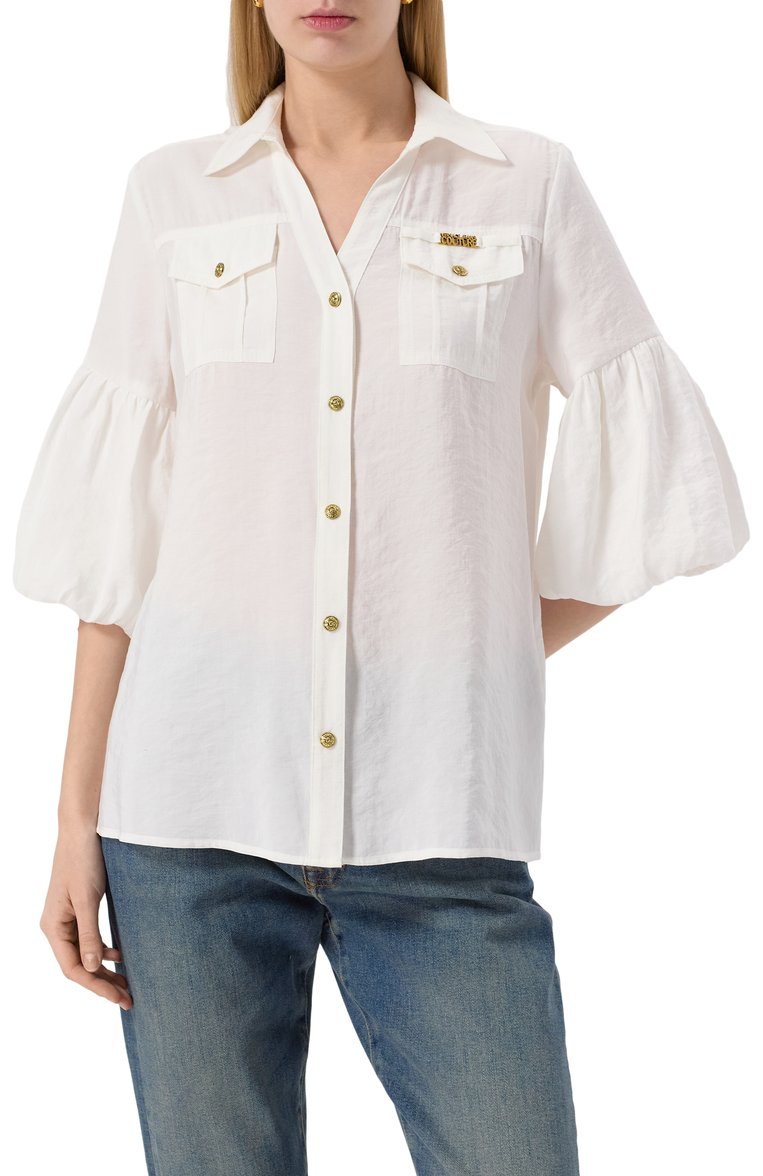 Женская рубашка VERSACE JEANS COUTURE белого цвета, арт. 78HAL200/N0433 | Фото 3 (Автоматизация состава: Проставлено; Длина (для топов): Стандартные; Рукава: 3/4; Автоматизация ТО: Проставлено; Материал внешний: Синтетический материал; Принт: Без принта; Женское Кросс-КТ: Рубашка-одежда; Стили: Кэжуэл)