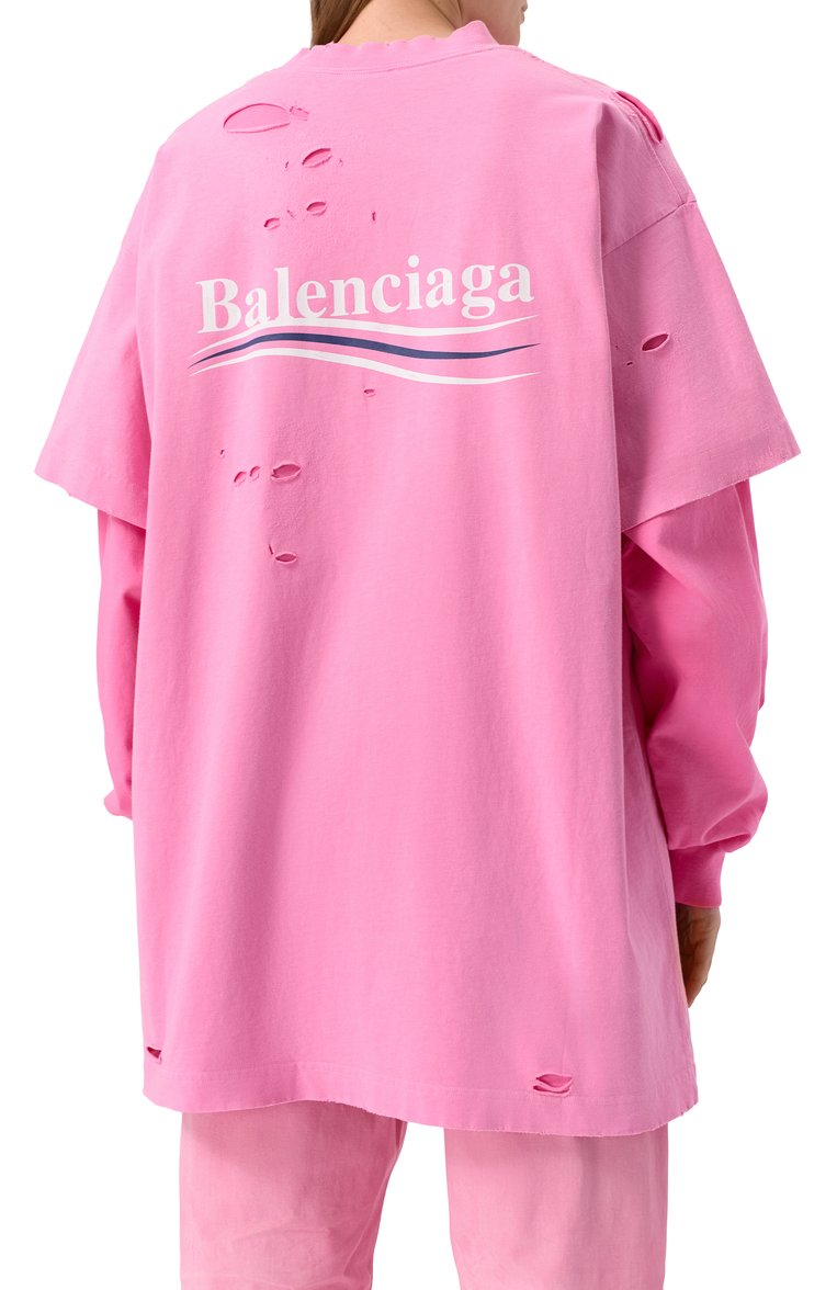 Женская хлопковый лонгслив BALENCIAGA розового цвета, арт. 818555/TRVK8 | Фото 4 (Рукава: Длинные; Материал внешний: Хлопок; Длина (для топов): Удлиненные; Принт: С принтом; Стили: Гранж; Женское Кросс-КТ: Лонгслив-одежда; Автоматизация ТО: Проставлено; Автоматизация состава: Проставлено)