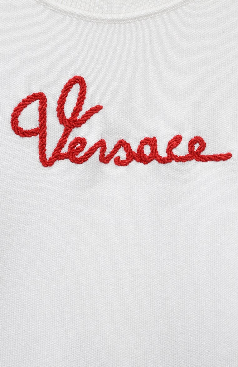 Детский хлопковый пуловер VERSACE белого цвета, арт. 1013777/1A09680/4A-6A | Фото 3 (Девочки Кросс-КТ: Пуловер-одежда; Материал внешний: Хлопок; Рукава: Короткие; Ростовка одежда: 6 лет | 116 см)