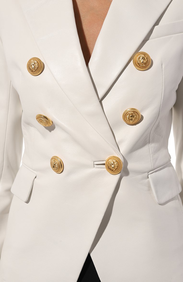 Женский кожаный жакет BALMAIN белого цвета, арт. XF0SG000LB26 | Фото 5 (Материал внешний: Натуральная кожа; Материал подклада: Вискоза; Рукава: Длинные; 1-2-бортные: Двубортные; Женское Кросс-КТ: Жакет-одежда; Случай: Повседневный; Стили: Кэжуэл; Длина (для топов): Стандартные)