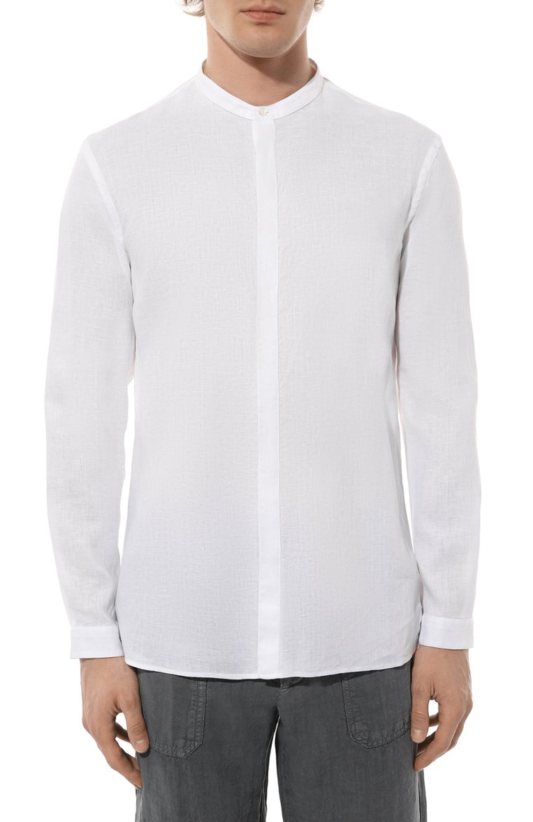 Мужская льняная рубашка GIORGIO ARMANI белого цвета, арт. 4SGCC0A5/T04TB | Фото 3 (Рукава: Длинные; Длина (для топов): Стандартные; Материал внешний: Лен; Манжеты: На пуговицах; Случай: Повседневный; Стили: Кэжуэл; Принт: Однотонные; Автоматизация состава: Проставлено; Автоматизация ТО: Проставлено; Детали: Без декора; Воротник: Стойка)