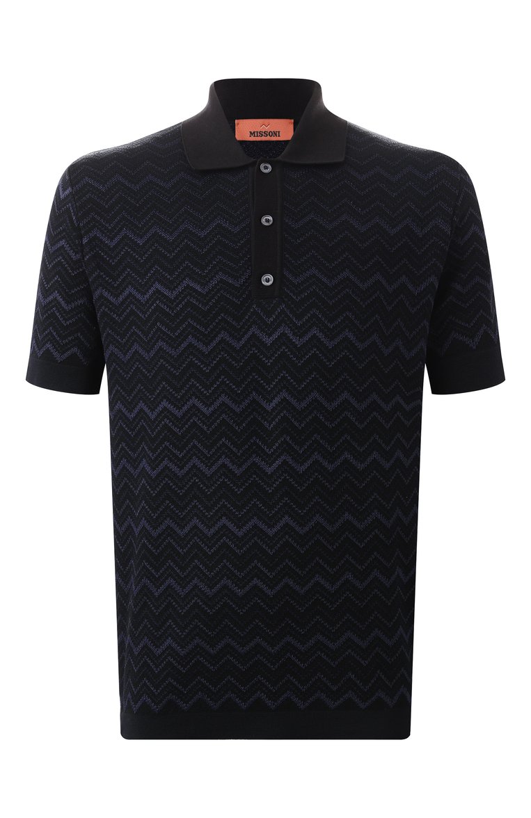 Мужское поло из хлопка и вискозы MISSONI черного цвета, арт. US25S203/BK0040 | Фото 1 (Материал внешний: Хлопок; Материал сплава: Проставлено; Драгоценные камни: Проставлено; Рукава: Короткие; Длина (для топов): Стандартные; Принт: С принтом; Кросс-КТ: Трикотаж; Застежка: Пуговицы; Стили: Кэжуэл)
