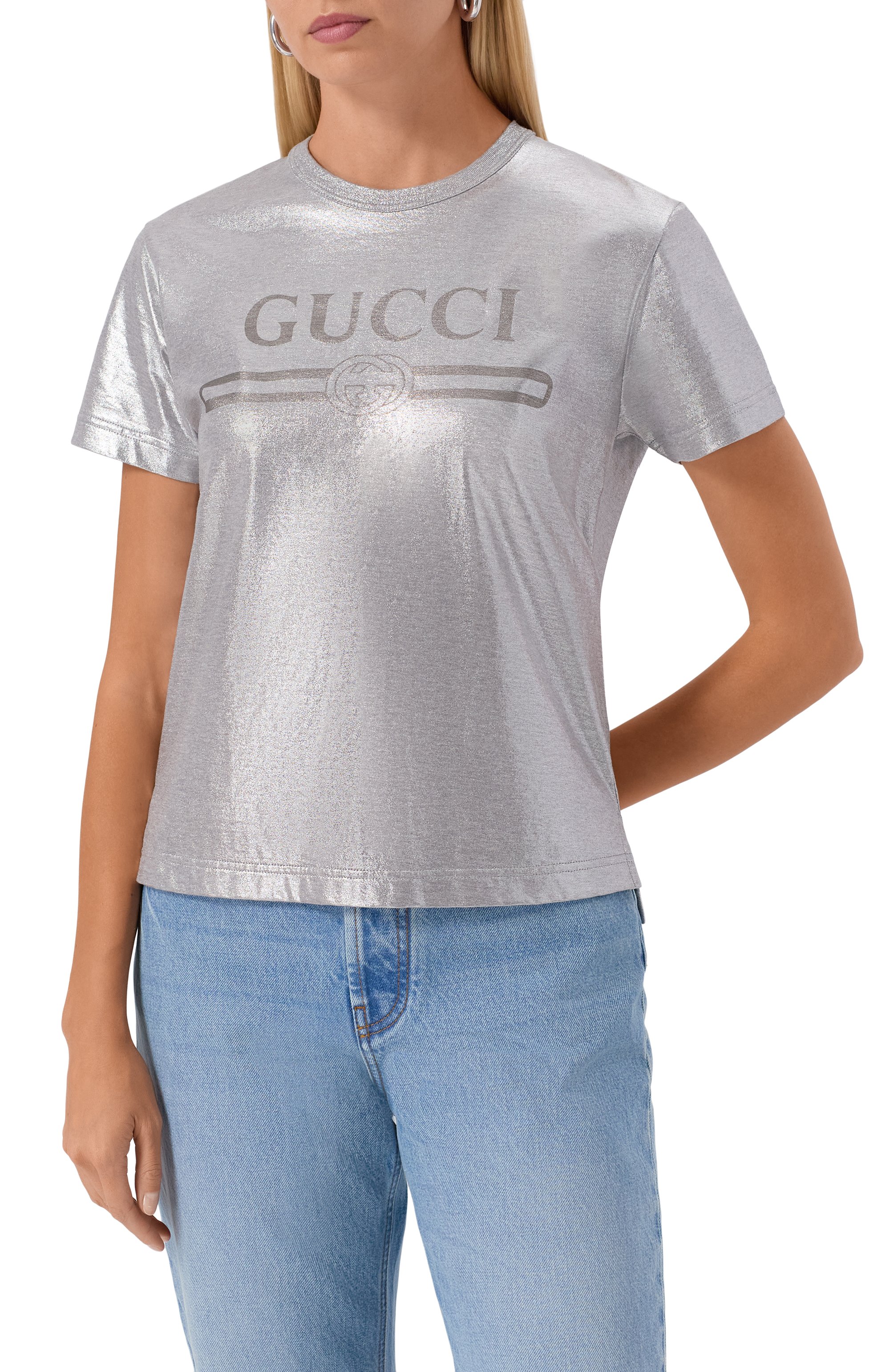 Хлопковая футболка GUCCI серебряного цвета по цене 86650 руб., арт. 805285/XJG05, фото 3 Хлопковая футболка GUCCI, арт. 805285/XJG05, фото 3