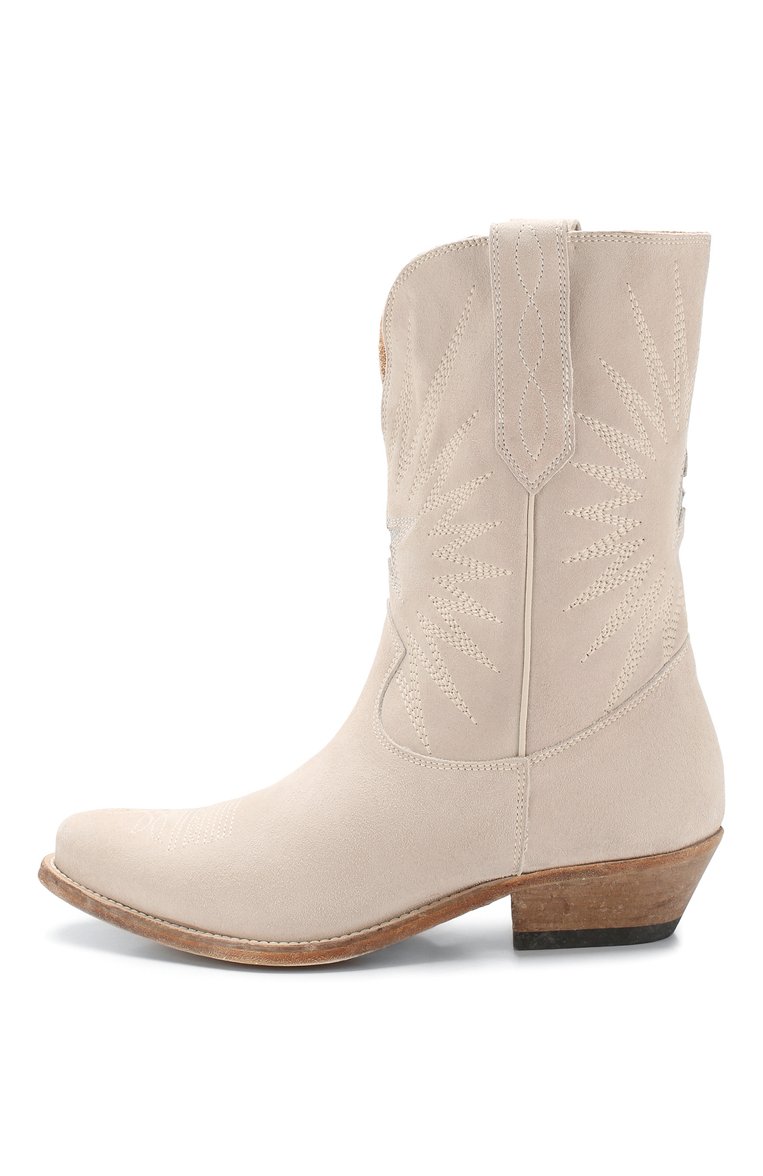 Женские замшевые сапоги wish star GOLDEN GOOSE DELUXE BRAND бежевого цвета, арт. G36WS781.B8 | Фото 3 (Каблук тип: Устойчивый; Каблук высота: Низкий; Материал внутренний: Натуральная кожа; Подошва: Плоская; Высота голенища: Низкие; Женское Кросс-КТ: Без шнуровки-ботинки, Казаки-сапоги; Материал внешний: Замша, Натуральная кожа; Материал утеплителя: Без утеплителя; Материал сплава: Проставлено; Драгоценные камни: Проставлено)