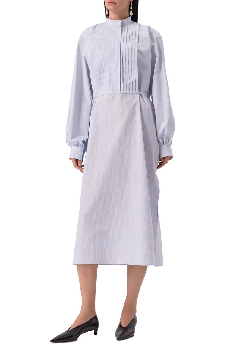 Женское хлопковое платье JIL SANDER голубого цвета, арт. J04CT0108-J45178 | Фото 3 (Длина Ж (юбки, платья, шорты): Миди; Материал внешний: Хлопок; Рукава: Длинные; Женское Кросс-КТ: Платье-одежда; Случай: Повседневный; Стили: Кэжуэл)