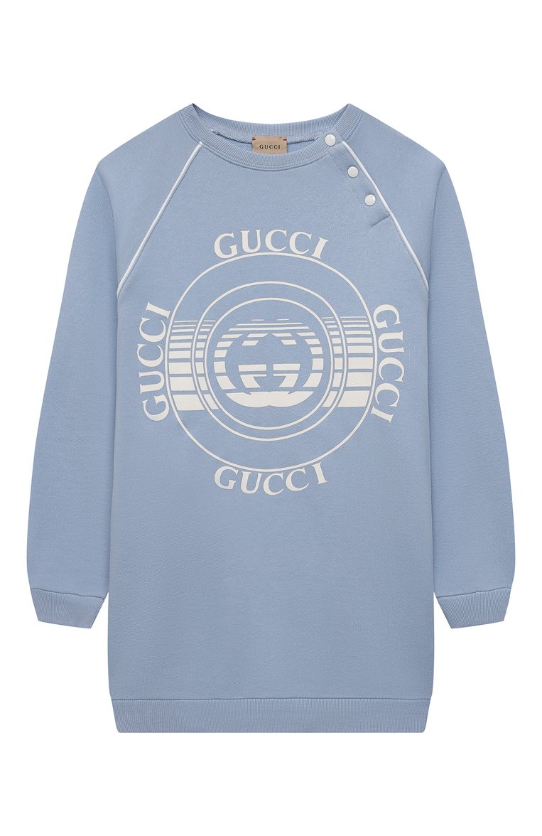 Детский удлиненный свитшот из хлопка GUCCI голубого цвета, арт. 642601/XJC7E | Фото 1 (Материал внешний: Хлопок; Рукава: Длинные; Девочки Кросс-КТ: Платье-одежда, Свитшот-одежда; Случай: Повседневный; Региональные ограничения белый список (Axapta Mercury): RU; Ростовка одежда: 10 - 11 лет | 140 - 146см, 4 года | 104 см, 5 лет | 110 см, 6 лет | 116 см, 8 лет | 128 см)
