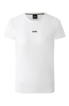 Женская хлопковая футболка BOSS белого цвета, арт. 50490018 | Фото 1 (Длина (для топов): Стандартные; Рукава: Короткие; Драгоценные камни: Проставлено; Материал сплава: Проставлено; Стили: Минимализм; Принт: С принтом; Материал внешний: Хлопок)