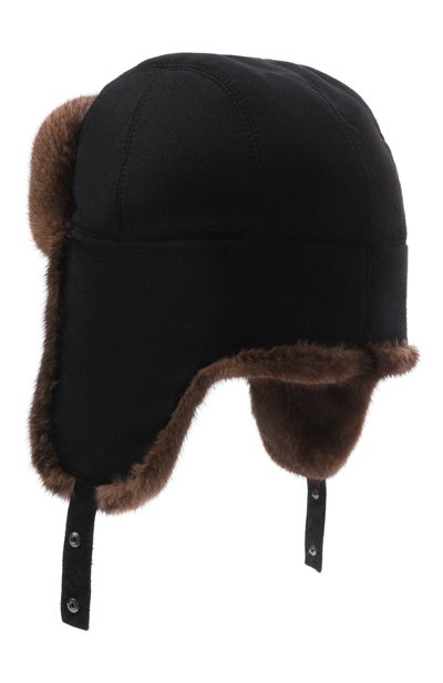 Мужская кашемировая шапка-ушанка с мехом норки MVST, арт. MH-13 BLACK CASHMERE + MINK