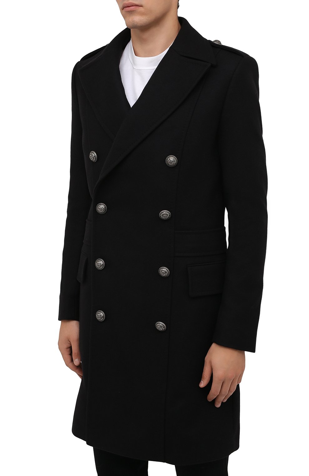Шерстяное пальто BALMAIN черного цвета по цене 240500 руб., арт. WH1UB000/W115, фото 3 Шерстяное пальто BALMAIN, арт. WH1UB000/W115, фото 3