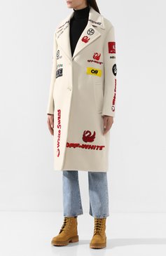 Женское шерстяное пальто OFF-WHITE белого цвета, арт. 0WEA179E19A640820288 | Фото 3 (Материал внешний: Шерсть; Рукава: Длинные; Материал внутренний: Не назначено; Длина (верхняя одежда): До колена; Материал сплава: Проставлено; 1-2-бортные: Однобортные; Драгоценные камни: Проставлено; Материал подклада: Вискоза; Статус проверки: Проверена категория)