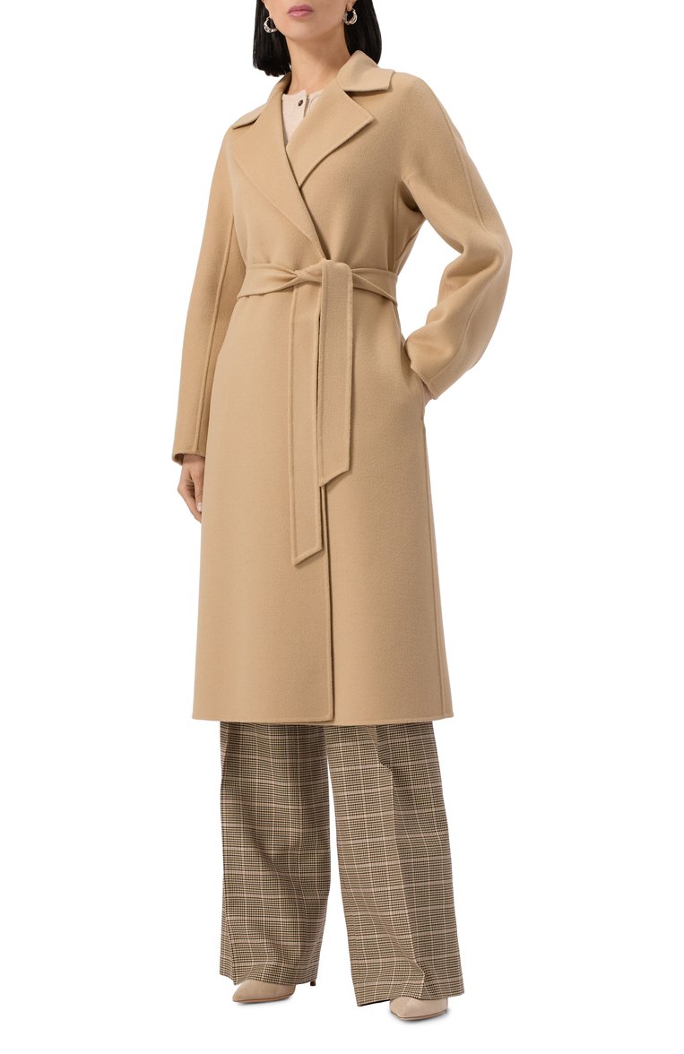 Женское шерстяное пальто MAX MARA STUDIO бежевого цвета, арт. CLES | Фото 3 (Материал внешний: Шерсть; Автоматизация состава: Проставлено; Автоматизация ТО: Проставлено; Длина (верхняя одежда): До колена; Рукава: Длинные; 1-2-бортные: Однобортные; Стили: Классический)