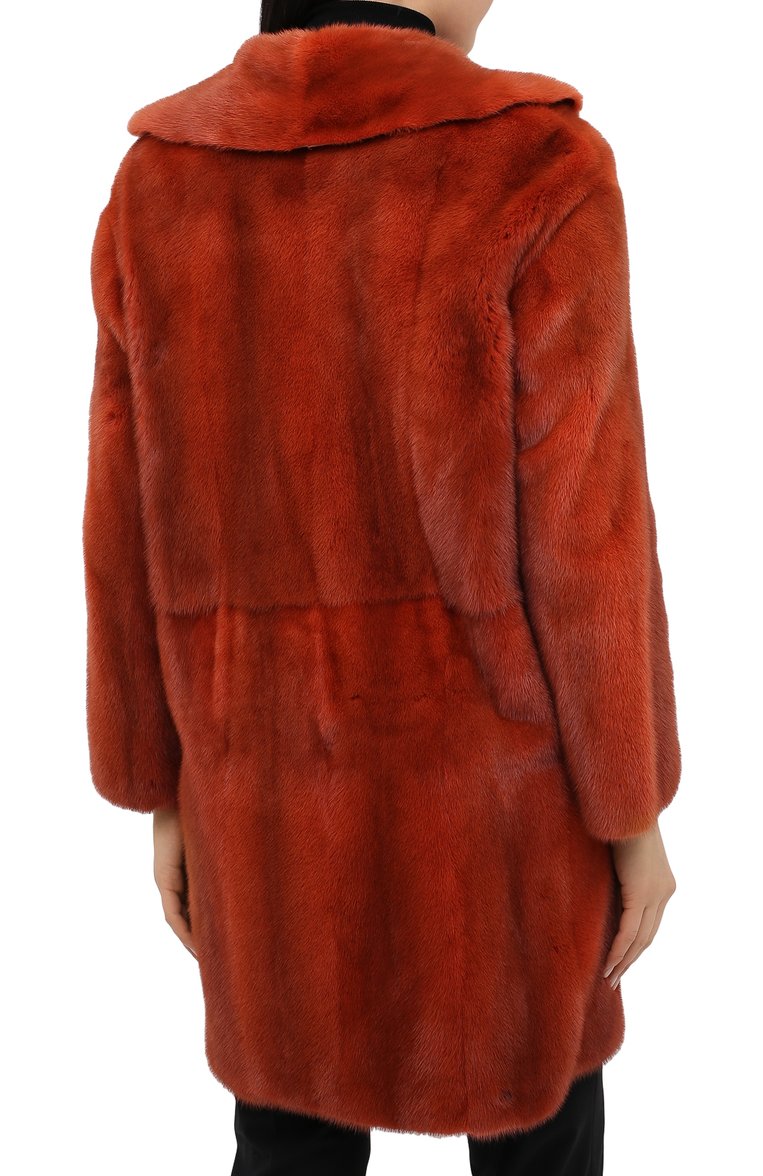 Женская шуба из норки VALENTINO оранжевого цвета, арт. NF3FA286/1XF | Фото 4 (Длина (верхняя одежда): До середины бедра; Материал подклада: Шелк; Рукава: Длинные; Материал внешний: Натуральный мех; Женское Кросс-КТ: Мех; Стили: Гламурный; Кросс-КТ: Куртка)