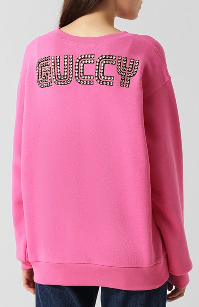 Хлопковый пуловер с принтом GUCCI розового цвета по цене 95000 руб., арт. 469250/X3P08, фото 4 Хлопковый пуловер с принтом GUCCI, арт. 469250/X3P08, фото 4