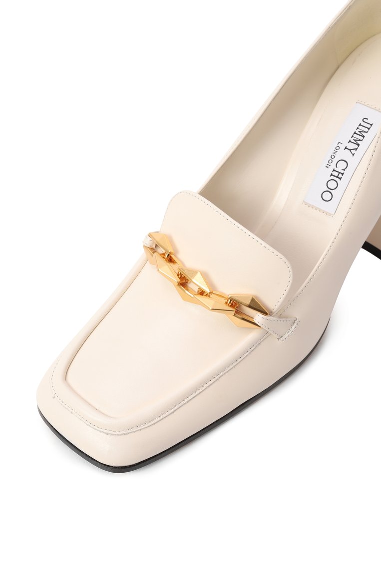 Женские кожаные туфли diamond tilda 85 JIMMY CHOO кремового цвета, �арт. DIAM0ND TILDA 85/CLF | Фото 7 (Каблук тип: Устойчивый; Драгоценные камни: Проставлено; Материал внутренний: Натуральная кожа; Материал сплава: Проставлено; Каблук высота: Высокий; Материал внешний: Натуральная кожа; Подошва: Плоская)