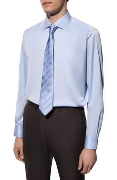 Мужская хлопковая сорочка ZILLI голубого цвета, арт. MFY-4230-8380/0023 | Фото 3 (Рубашки М: Regular Fit; Манжеты: На пуговицах; Случай: Формальный; Воротник: Акула; Материал внешний: Хлопок; Длина (для топов): Стандартные; Стили: Классический; Рукава: Длинные; Принт: Однотонные; Материал сплава: Проставлено; Драгоценные камни: Проставлено)