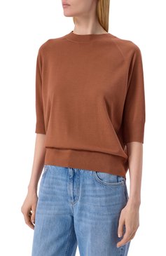 Женский шерстяной пуловер DRIES VAN NOTEN коричневого цвета, арт. 251-011201-1700 | Фото 3 (Рукава: 3/4; Материал внешний: Шерсть; Длина (для топов): Стандартные; Женское Кросс-КТ: Пуловер-одежда; Стили: Минимализм)