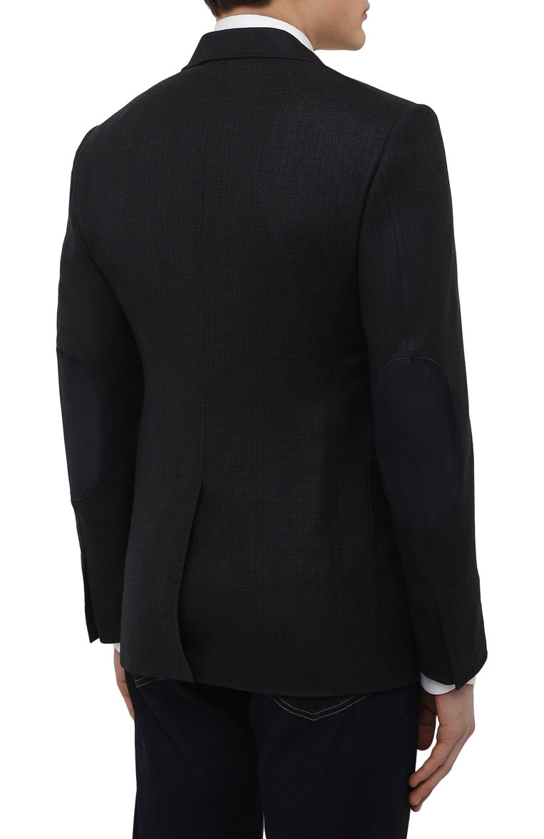 Мужской шерстяной пиджак TOM FORD темно-синего цвета, арт. 322R61/10SP40 | Фото 4 (Материал подклада: Шелк, Купро; Длина (для топов): Стандартные; Материал внешний: Шерсть; Рукава: Длинные; Случай: Формальный; Стили: Классический; 1-2-бортные: Однобортные; Пиджаки М: Приталенный; Драгоценные камни: Проставлено; Материал сплава: Проставлено)