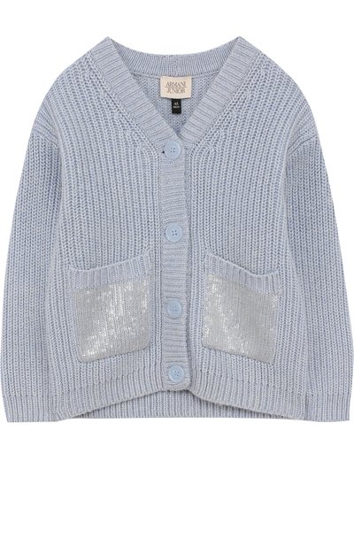 Кардиган крупной вязки на пуговицах с пайетками ARMANI JUNIOR голубого цвета по цене 19950 руб., арт. 6Y3E74/3MFGZ/4A-10A, фото 1 Кардиган крупной вязки на пуговицах с пайетками ARMANI JUNIOR, арт. 6Y3E74/3MFGZ/4A-10A, фото 1
