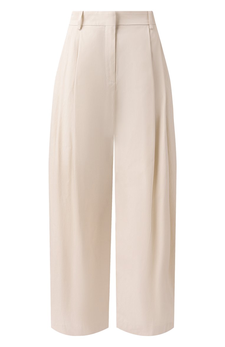 Женские хлопковые брюки NINA RICCI кремового цвета, арт. 25PCPA002/C01086 | Фото 1 (Длина (брюки, джинсы): Стандартные; Материал внешний: Хлопок; Кросс-КТ: костюм; Стили: Кэжуэл; Женское Кросс-КТ: Брюки-одежда; Силуэт Ж (брюки и джинсы): Широкие; Автоматизация ТО: Проставлено; Автоматизация состава: Проставлено)