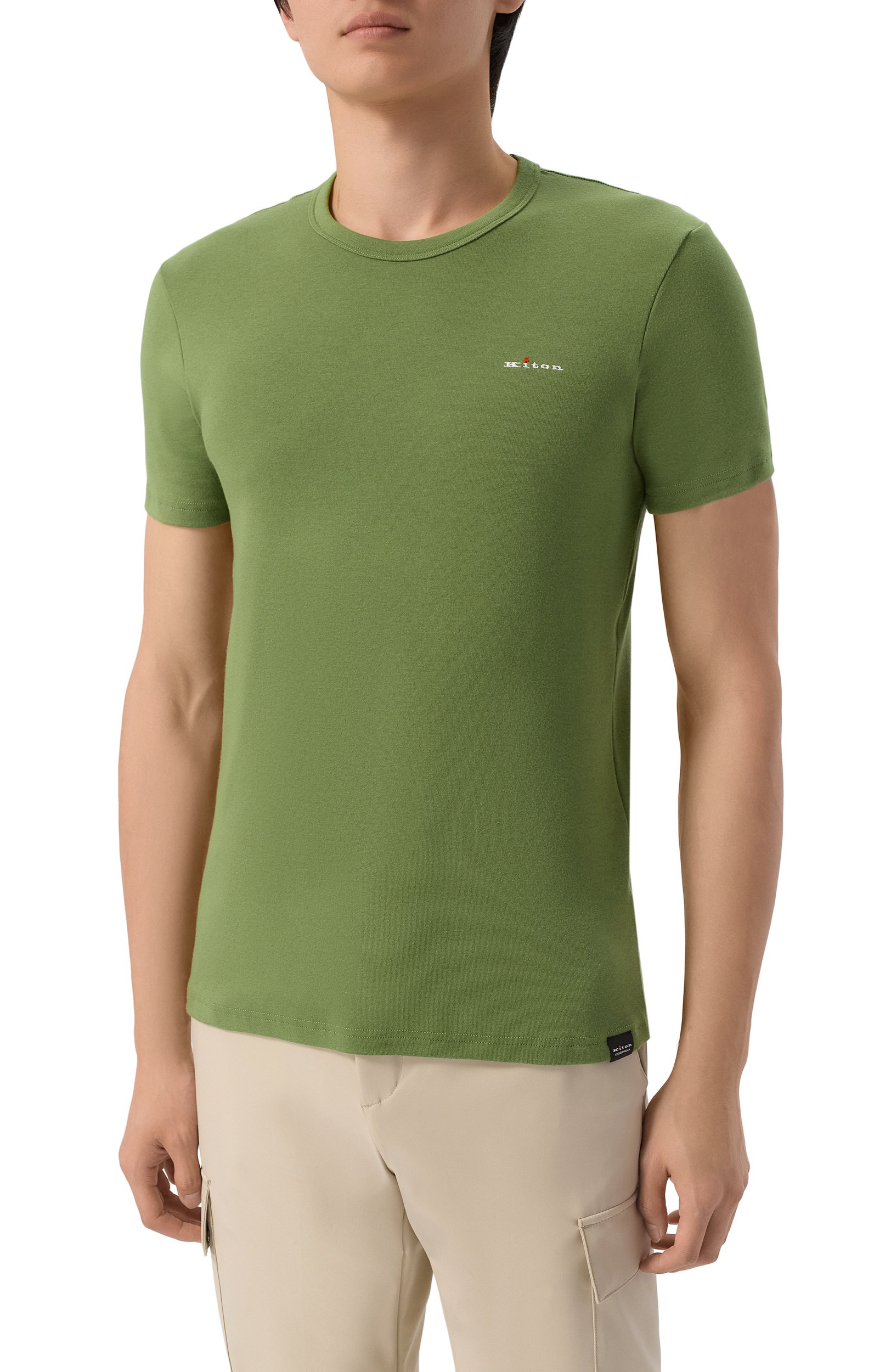 Хлопковая футболка KITON хаки цвета по цене 39950 руб., арт. UNWM008K0263L, фото 3 Хлопковая футболка KITON, арт. UNWM008K0263L, фото 3