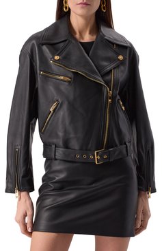 Женская кожаная куртка VERSACE черного цвета, арт. 1010545/1A10118 | Фото 3 (Рукава: Длинные; Длина (верхняя одежда): Короткие; Материал подклада: Синтетический материал; Материал внешний: Натуральная кожа; Драгоценные камни: Проставлено; Материал сплава: Проставлено; Кросс-КТ: Куртка, Легкие; Стили: Кэжуэл; Женское Кросс-КТ: Замша и кожа)